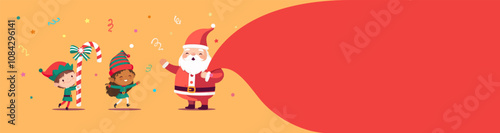 Merry Christmas banner with Santa Claus and dancing elves. Cute cartoon character wear green costumes. Horizontal background. Vector greeting card illustration