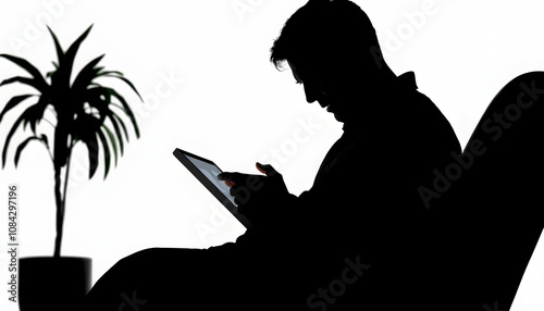 Poor Credit Score with man using a tablet in a chair with white shades, png photo