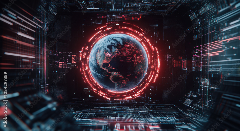 Fototapeta premium Futuristic planet Earth hologram at the center of a digital interface with a circuit board background, an AI technology concept.