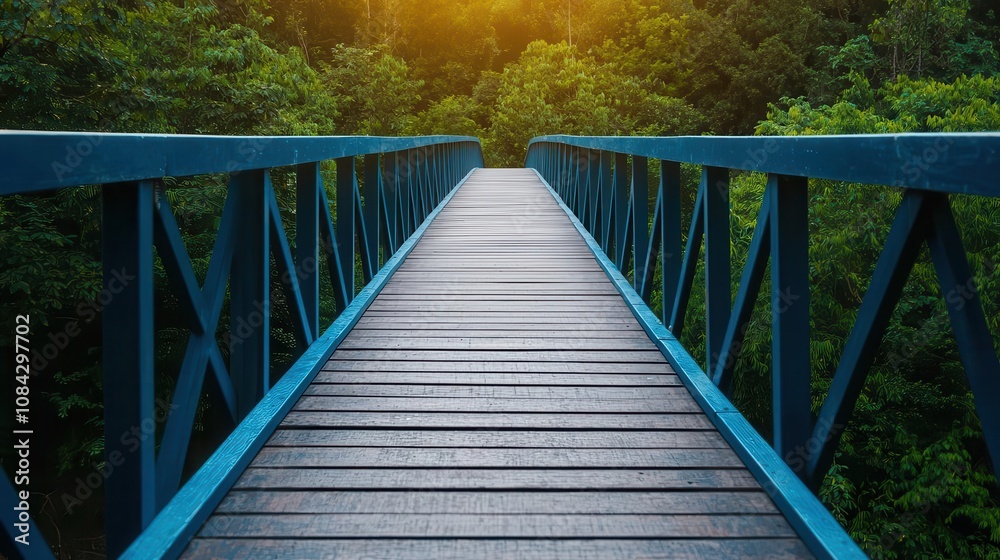 Fototapeta premium Pedestrian bridge with solarpowered lighting and recycled composite materials, solar bridge, sustainable crossing