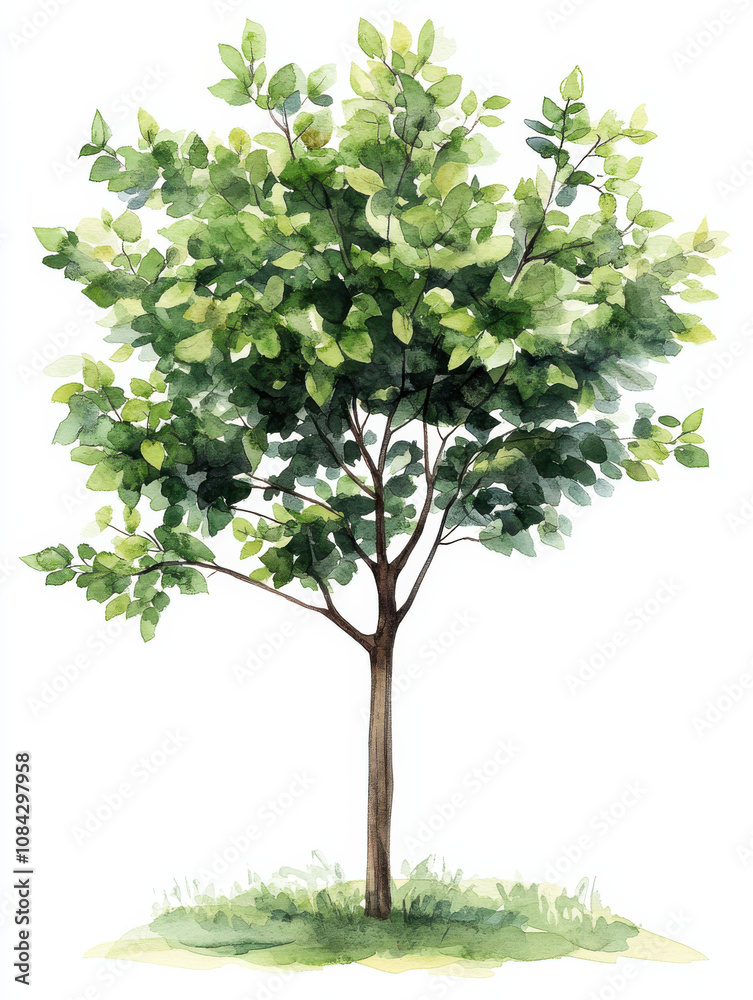 Fototapeta premium Watercolor illustration of lush green tree with vibrant leaves, showcasing nature beauty and tranquility. Perfect for botanical art lovers