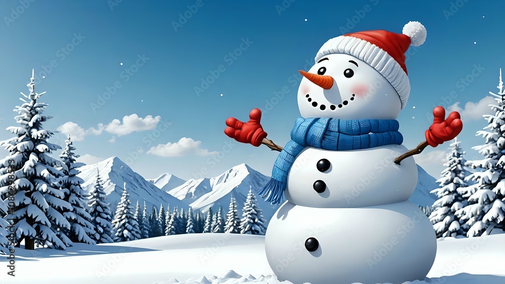 Fototapeta premium Whimsical Snowman in a Festive Winter Scene