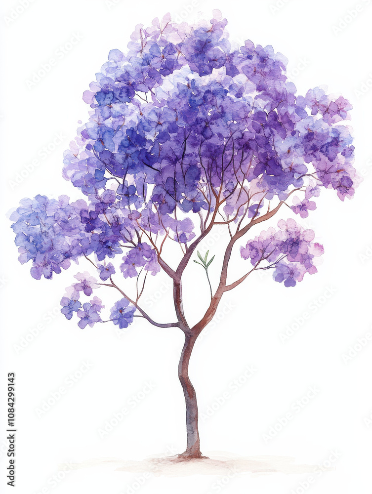 Obraz premium Watercolor illustration of jacaranda tree with vibrant purple flowers, showcasing its delicate beauty and artistic flair. Perfect for nature lovers and art enthusiasts