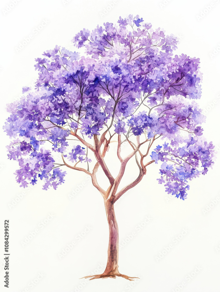 Obraz premium beautiful watercolor illustration of jacaranda tree with vibrant purple flowers, showcasing its elegant branches and lush foliage