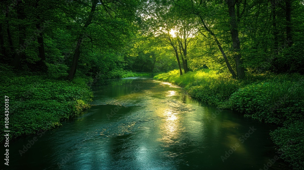 Fototapeta premium Serene River Flowing Through Lush Greenery
