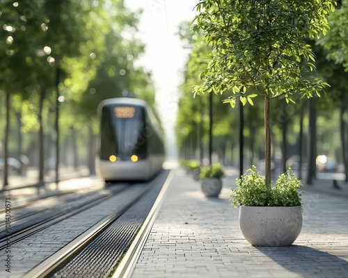 Sustainable urban boulevard with green tram lanes, solar lighting, and permeable paving, green boulevard, ecomobility photo