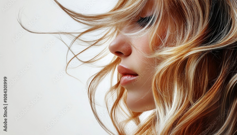 A close-up profile of a woman with flowing, textured hair, captured in a soft, artistic lighting that highlights her features. A close-up profile of a woman with flowing, textured hair, captured in a soft, artistic lighting that highlights her features.