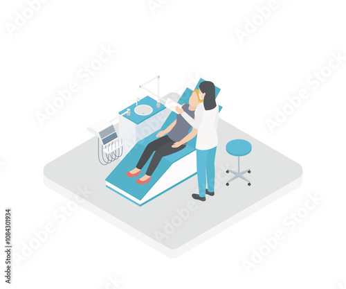Isometric 3D vector illustration patient at a dentist's appointment. The patient sits in the dental chair. The dentist and nurse examines the patient.