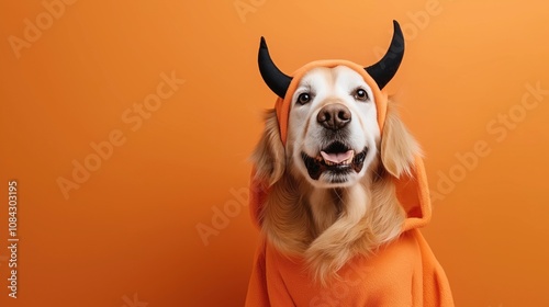 Golden retriever in an orange hoodie with black horns against an orange background in a playful costume setup