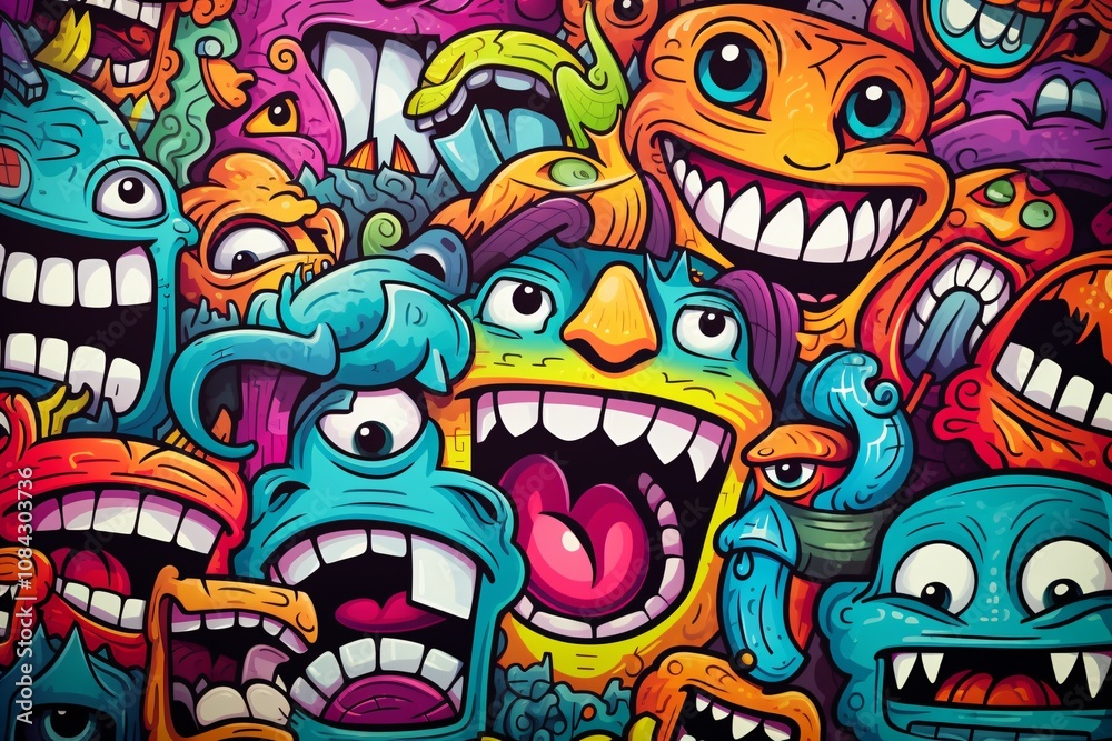 Fototapeta premium Monster Graffiti Background, Colorful graffiti cartoon monster characters background, cartoon characters Graffiti Background, Graffiti Background, AI Generative