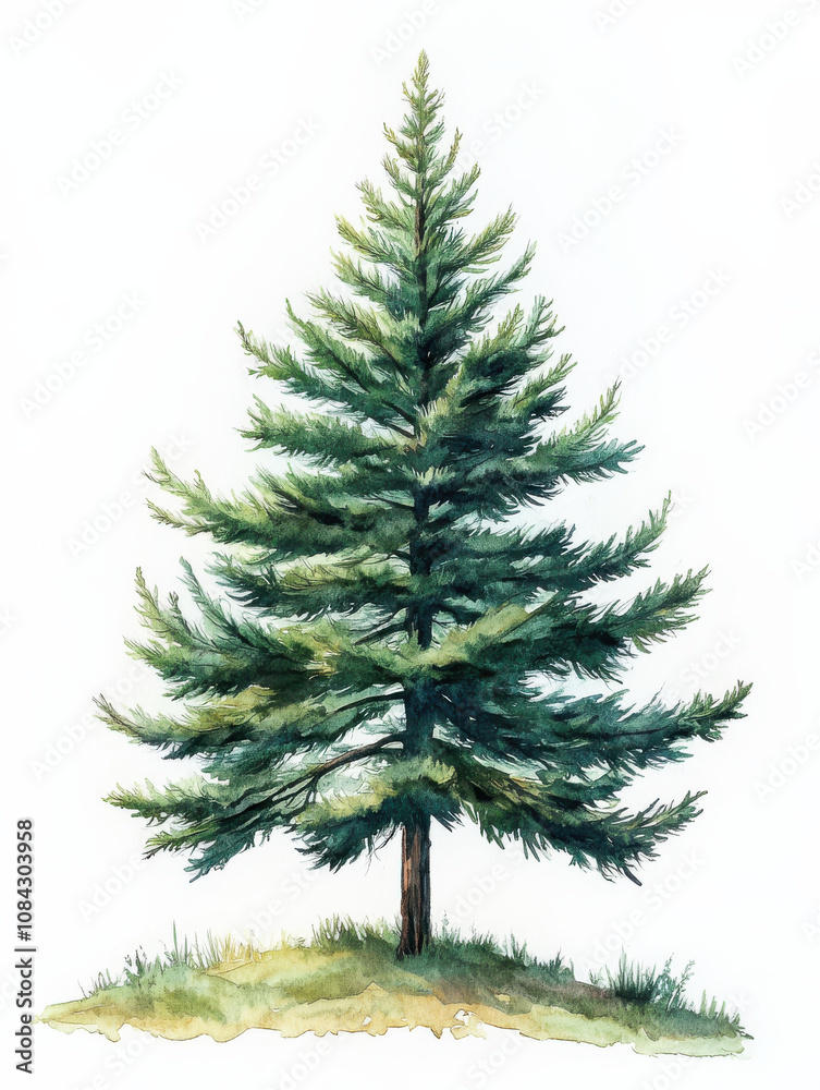 Obraz premium Watercolor illustration of lush pine tree with vibrant green foliage, set against light background, evoking sense of tranquility and nature beauty