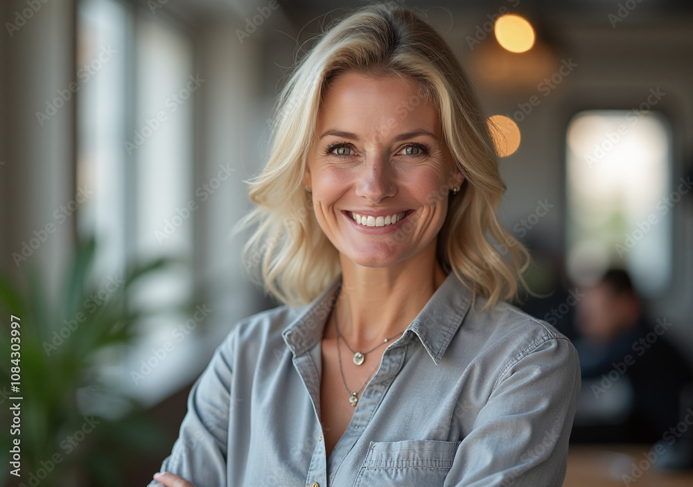 Fototapeta premium senior woman smiles camera office successful background design industry