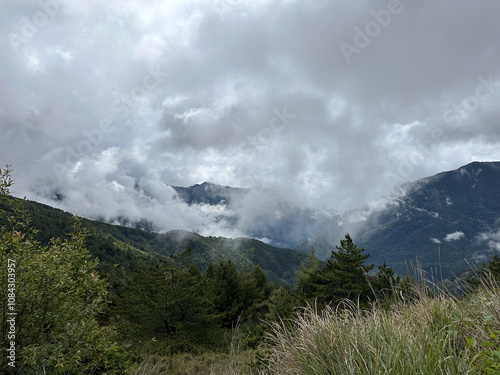 Serene Misty Mountain Landscape with Lush Greenery and Clouds