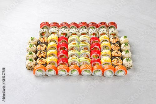 Japanese sushi rolls, sushi sets on a gray background for restaurant menu and food delivery