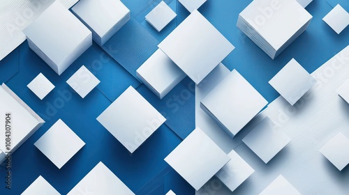 Blue and white tech geometric background with paper squares