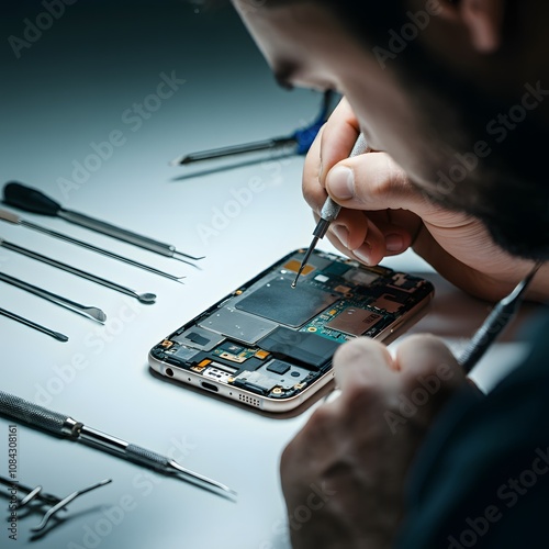 Close-up image of a technician repairing a mobile phone, with precision tools and open phone components on a white background. Hyper-realistic details highlight the repair process and focus on the int