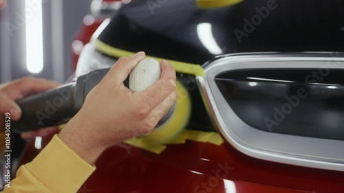 Man technician polishing headlamps at car garage workshop