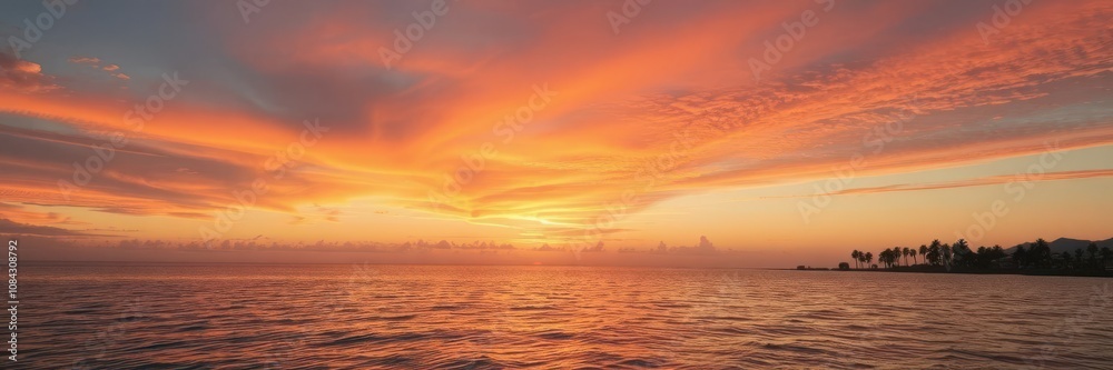 Fototapeta premium Vibrant sunset sky reflecting on calm ocean waters with distant palm trees, ocean