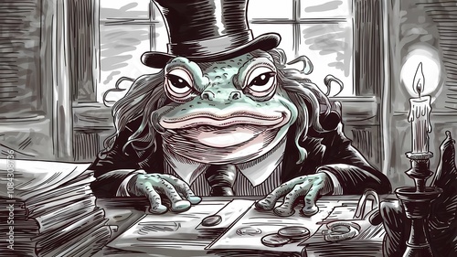 A Scrooge Like Figure Of a Frog,Proudly Sits at His Desk With A Tower of Coins  photo