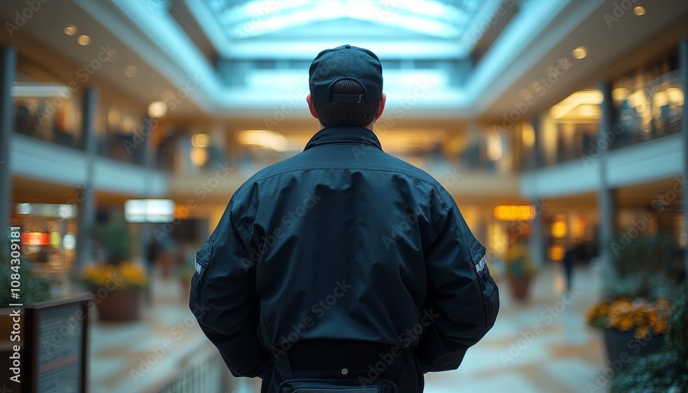 custom made wallpaper toronto digitalA security guard stands vigilant in a spacious indoor shopping area, observing the environment while shoppers move around.