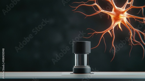 A close-up view of a neuron illustration alongside a laboratory flask, symbolizing brain research and technology.