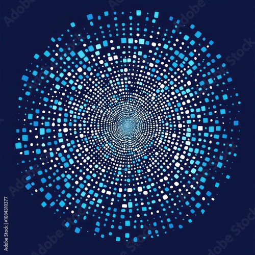 Bright small square dots in blue circular abstract background