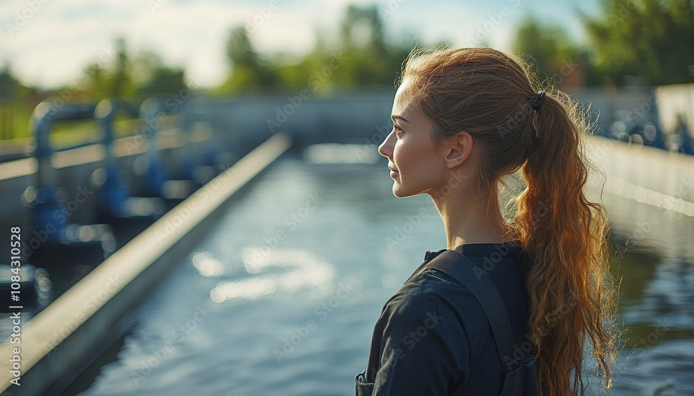 A young woman with curly hair stands by a serene waterscape, gazing thoughtfully into the distance under a clear blue sky.