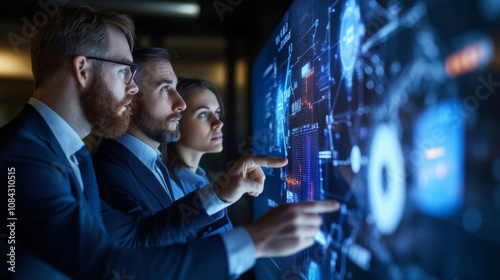 A team of executives reviewing a company's business transformation roadmap, with digital strategies displayed on a large screen.