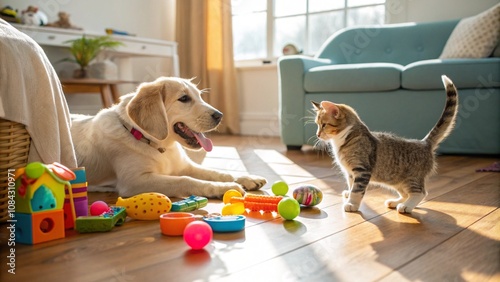 A cheerful dog and a curious cat playing together indoors on a wooden floor surrounded by colorful toys