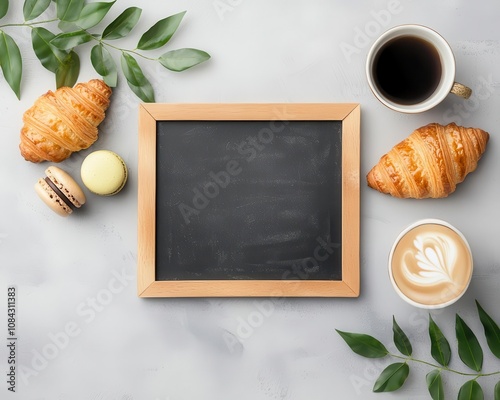 Frenchinspired bistro setup, croissants and macaroons, hot cappuccino, recipe chalkboard, 3D illustration photo