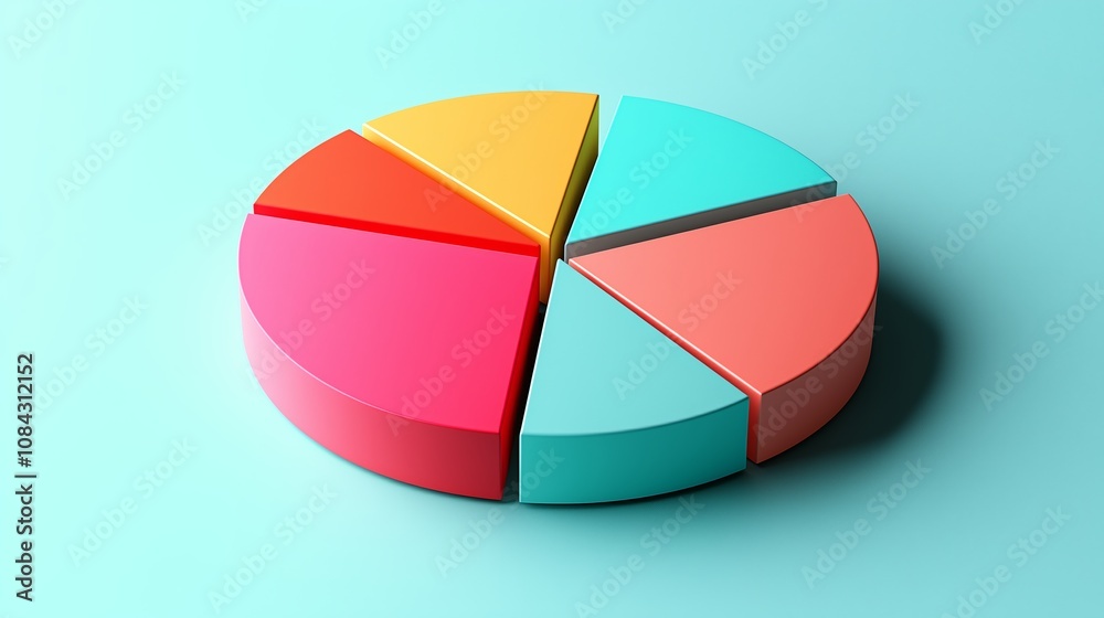 Fototapeta premium A minimalist 3D pie chart featuring vibrant, colorful segments in pink, teal, orange, and red, set against a light teal background.