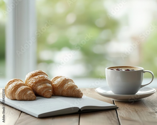 Morning breakfast at bistro, hot coffee, jamfilled croissants, open recipe notebook, 3D illustration photo