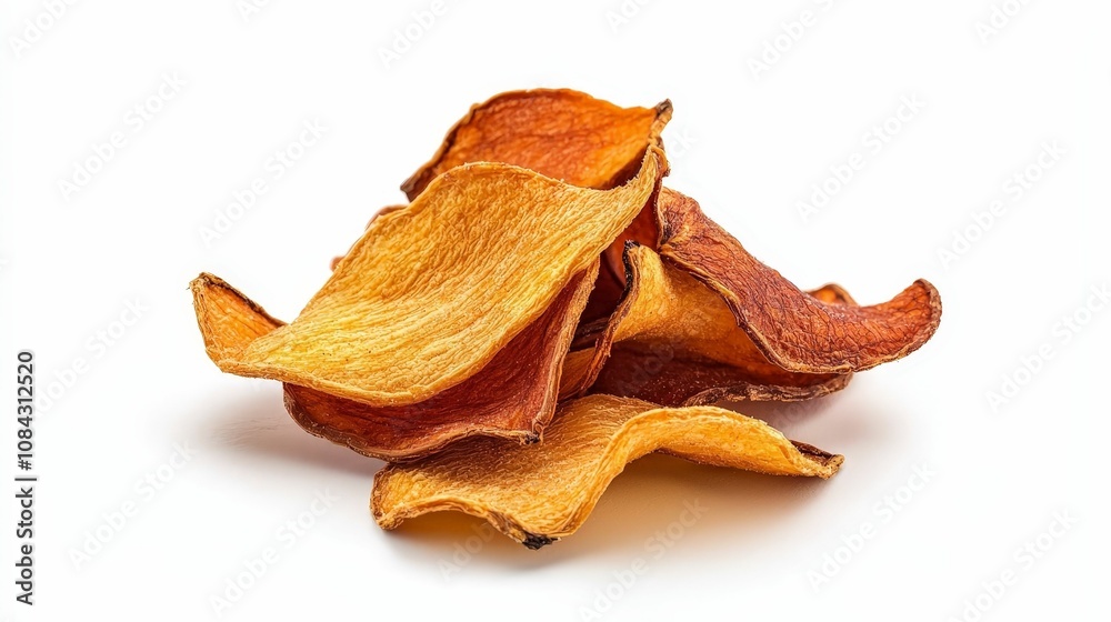 Fototapeta premium banana is a delicious fruit and a healthy food concept. Crispy, golden-brown sweet potato chips stacked in a pile, showcasing their crunchy texture and appealing color against a white background.