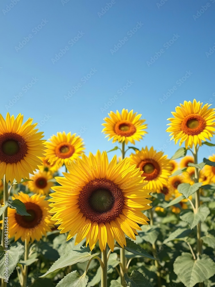Fototapeta premium Vibrant field of blooming sunflowers under a clear blue sky, nature, agriculture, flora
