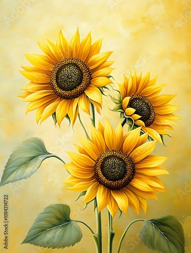 Sunflowers in vibrant yellow background with intricate details
