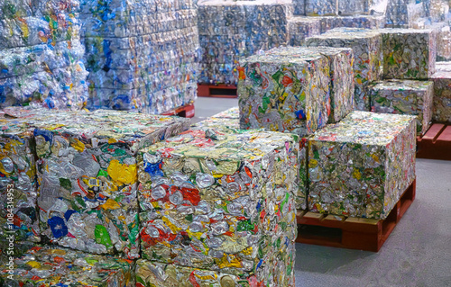 Aluminum cans compressed into rectangular blocks for recycling preparation