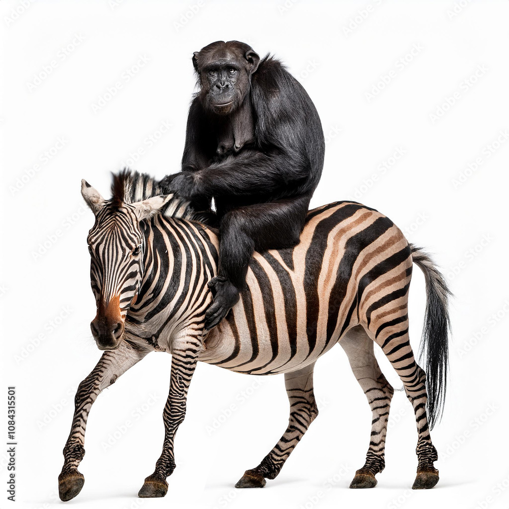 Naklejka premium chimpanzé , sur un zèbre, équitation, Afrique, zebras, animal, isolé, mammifère, blanc, noir, jardin zoologique, rayes, safari, cheval, faune, sauvage, vecteur, illustration, nature, faune, animal, s