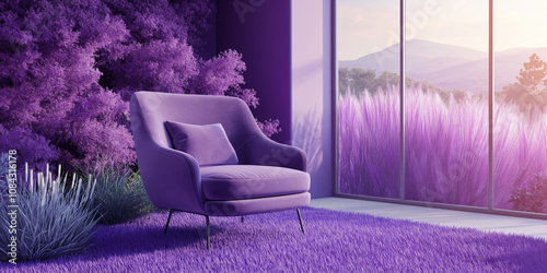 A modern purple room featuring a comfortable chair, complemented by a scenic view of a violet landscape outside. photo