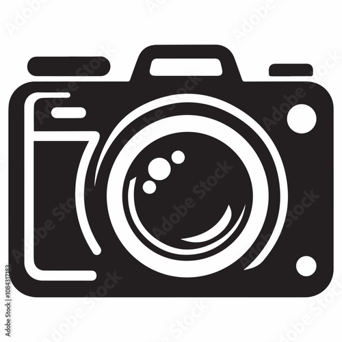 Black and White Camera Icon Illustration, Photography Logo Symbol with Lens Detail  
