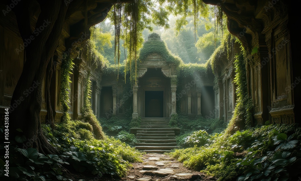 Ancient ruins enveloped in lush greenery Ancient ruins enveloped in lush greenery