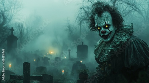 A haunting scene of a sinister clown in a graveyard shrouded in fog, capturing a chilling atmosphere perfect for horror-themed projects.