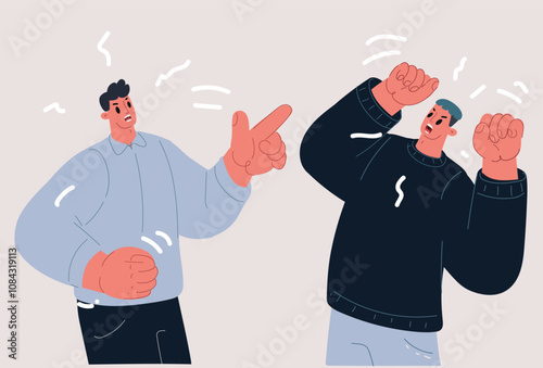 Cartoon vector illustration of two men arguing and debating, conflict concept