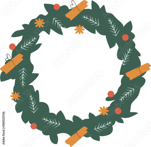 Hand-Drawn Christmas Wreath with Cinnamon Sticks and Berries - Vector Illustration