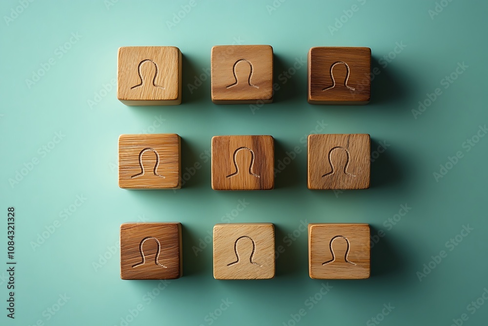 Obraz premium Wooden Blocks with Human Head Symbols Aligned on Green Background