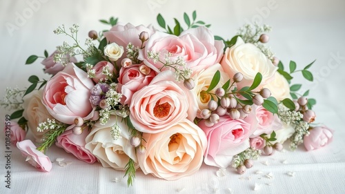 Delicate pink and cream roses with sprigs of tiny white blossoms arranged in a charming bouquet on a white surface.