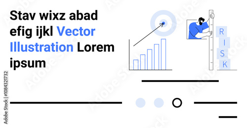 Text with blue accents, bar graph with target, person analyzing risks, minimalist design. Ideal for business analysis, risk assessment, financial planning, marketing strategies, data presentation