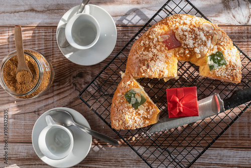 Top view of a typical Spanish sweet cut into pieces. Christmas and Epiphany. photo