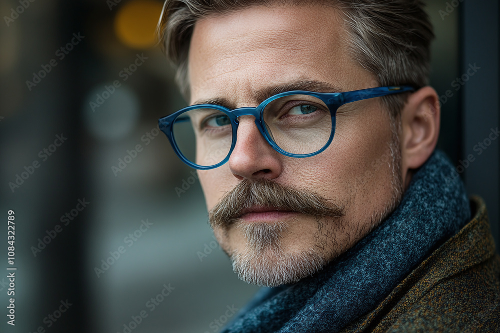 Distinguished gentleman wearing modern blue-framed glasses, mustache perfectly groomed, optics.