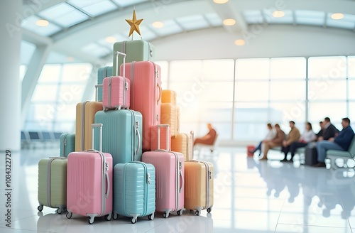 A pyramid of colorful suitcases standing on top of each other forms a Christmas tree that stands at the airport. There are large bright windows in the background