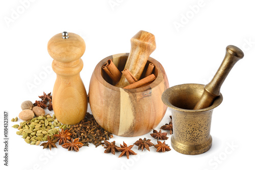 Pepper grinder mill, mortar, pestle and spice setisolated on white. photo